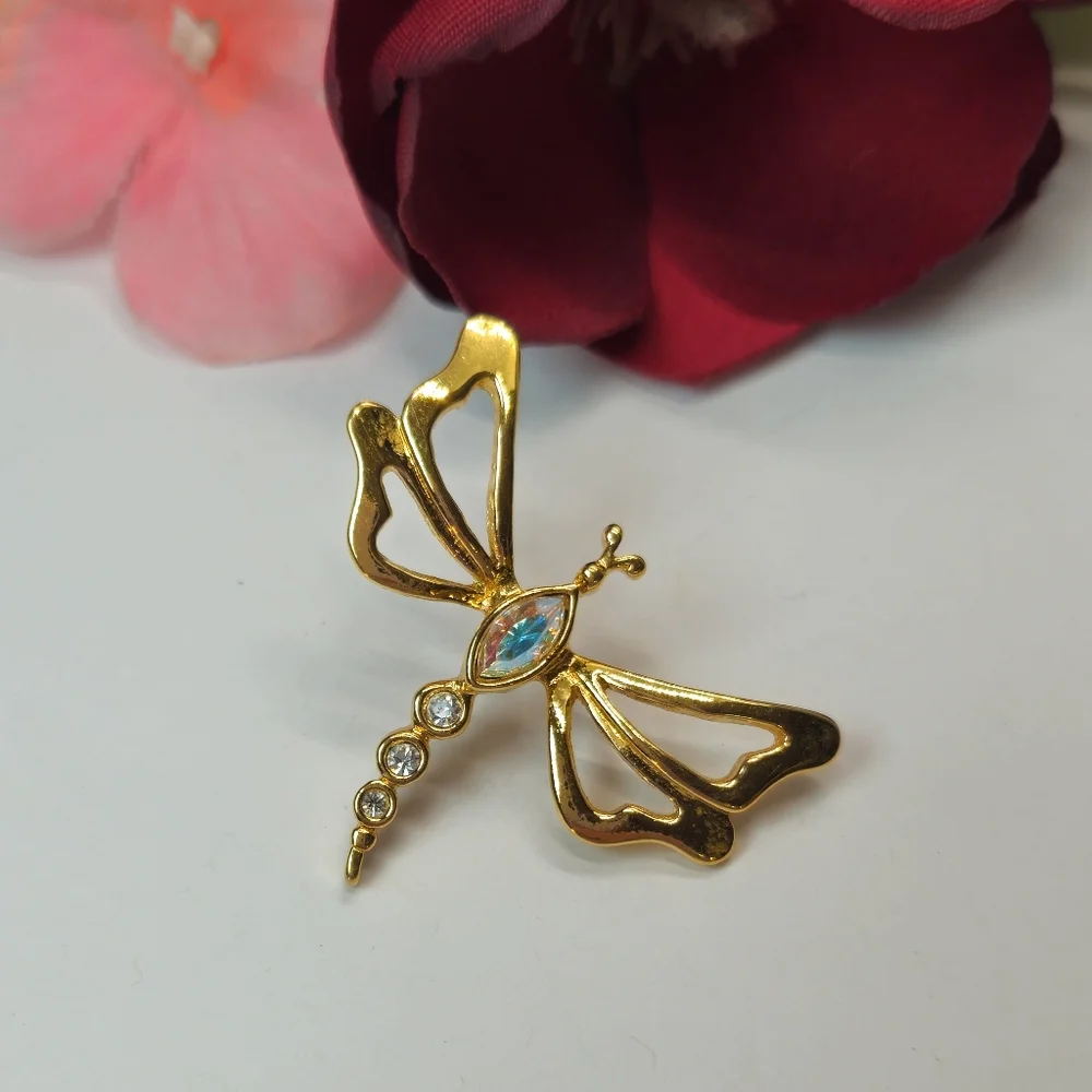 Vintage Avon AB Crystal Gold Tone Dragonfly Pin or Brooch